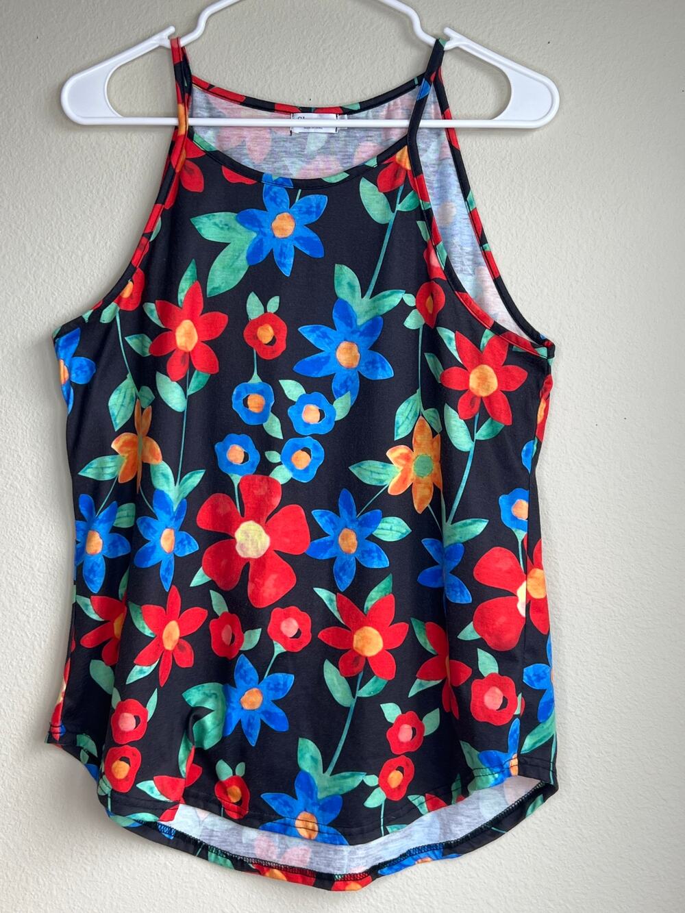 Sherosa Black Vibrant Floral High Neck Halter Tank Top Women Size Large